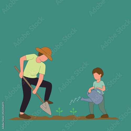 Simple Vector illustration of dad digging ground using shovel and son watering a plant at home garden. Happy family parenthood concept. Happy Farmer. line art modern design vector illustration