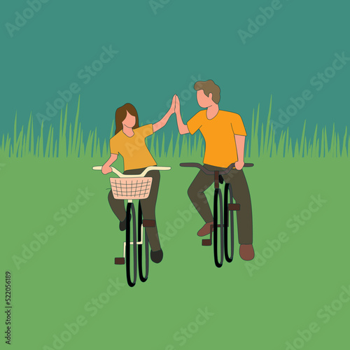 Simple Vector illustration of a young happy couple riding bicycle romantically holding hands together at an outdoor park. Love relationship concept. line art modern design vector illustration