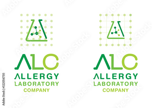 Logo design A L C Monogram Allergy Laboratory Company Green Dots Molecule test tube