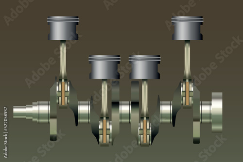 3d illustration of internal combustion engine crankshaft with chrome pistons isolated on white background