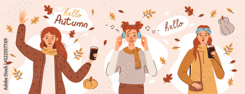 A set of girls in autumn foliage, drinking coffee and listening to music, Hello autumn greeting card. Flat vector illustration
