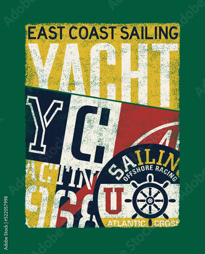 East coast sailing yacht club vintage print for child kid t shirt grunge effect in separate layer