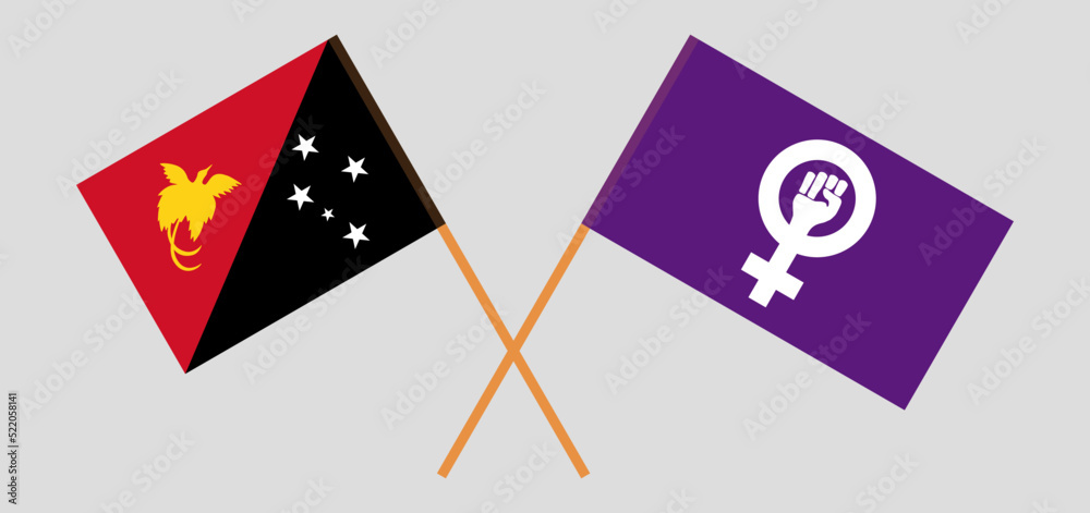 Crossed flags of Papua New Guinea and Feminism. Official colors. Correct proportion Crossed flags of Papua New Guinea and Feminism. Official colors. Correct proportion