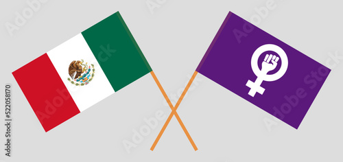 Crossed flags of Mexico and Feminism. Official colors. Correct proportion