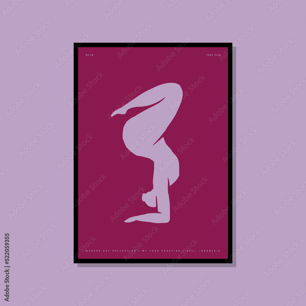 Abstract and colourful art poster with woman silhouette in yoga pose for wall art gallery Abstract and colourful art poster with woman silhouette in yoga pose for wall art gallery