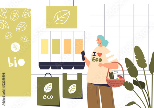 Woman in eco organic grocery store buying food products in ecology friendly reusable packaging
