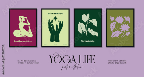 Bohemian poster collection with woman silhouettes in yoga poses and botanical illustrations for your wall art gallery