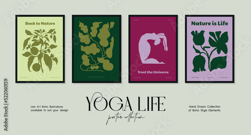 Bohemian poster collection with woman silhouettes in yoga poses and botanical illustrations for your wall art gallery