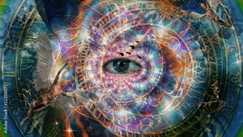 Angels and all seeing eye in endless dimensions. Astronomical clock