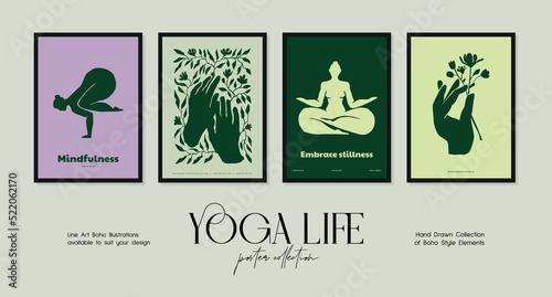 Bohemian poster collection with woman silhouettes in yoga poses and botanical illustrations for your wall art gallery