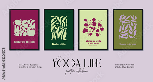 Bohemian poster collection with woman silhouettes in yoga poses and botanical illustrations for your wall art gallery
