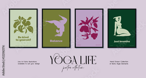 Bohemian poster collection with woman silhouettes in yoga poses and botanical illustrations for your wall art gallery
