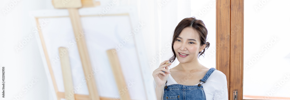 Female artist painting on canvas, Artist studio interior, Draw with watercolor, Drawing supplies , Painting and creativity, Use a brush to draw a pattern by stripes, Artwork, Using Paint Brush.