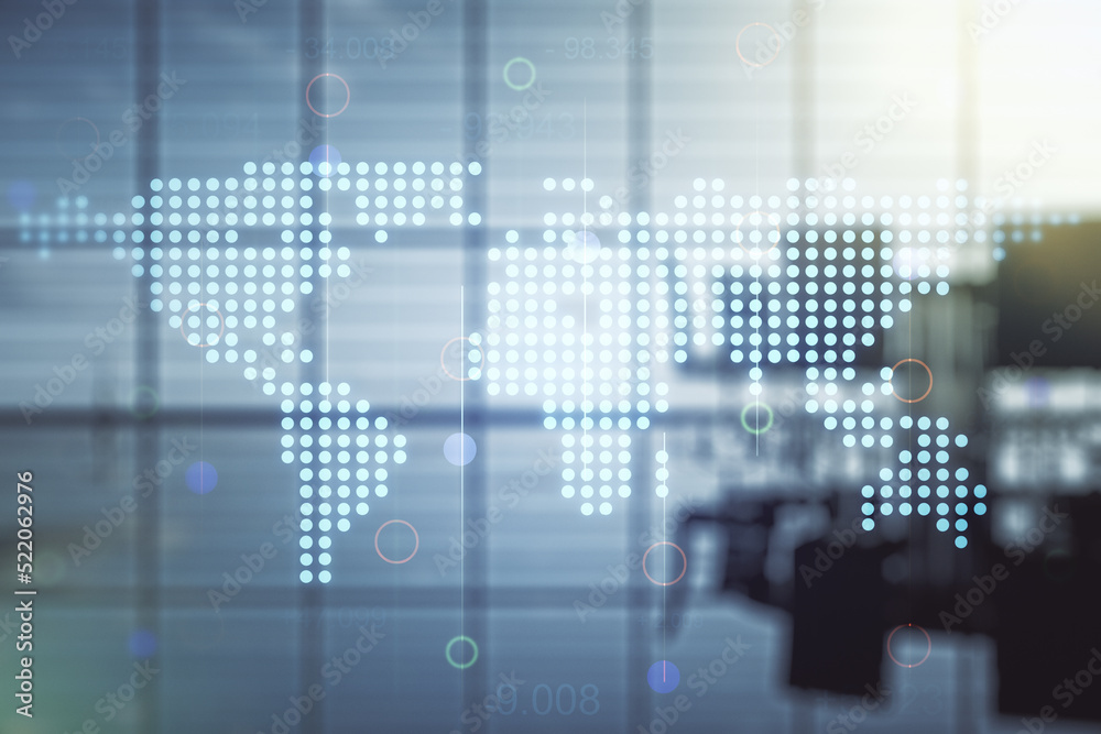 Abstract creative world map interface on a modern conference room background, international trading concept. Multiexposure Abstract creative world map interface on a modern conference room background, international trading concept. Multiexposure