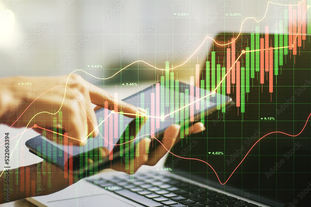 Double exposure of abstract creative financial diagram with finger clicks on a digital tablet on background, banking and accounting concept Double exposure of abstract creative financial diagram with finger clicks on a digital tablet on background, banking and accounting concept