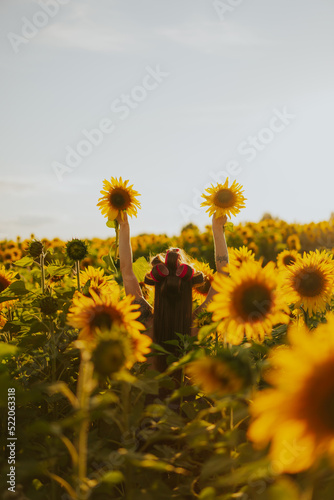 Young beautiful woman with curlers on her hair in a field of sunflowers. Fashion.