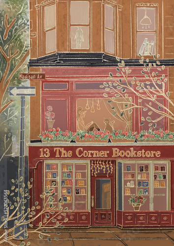 New York bookshop house handdarwn illustration