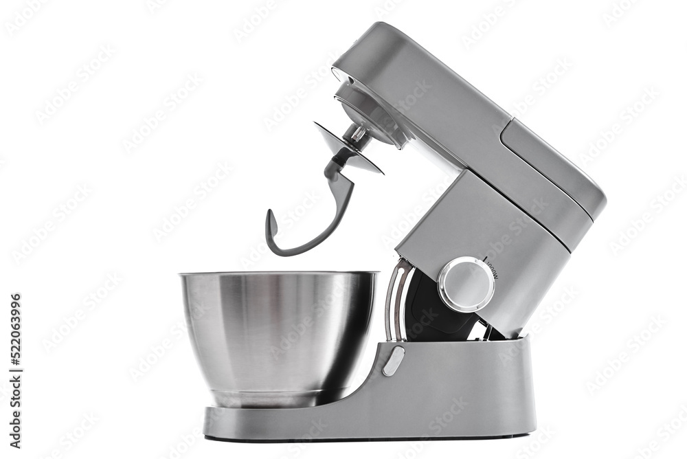 Silver food processor with hook on white background isolated, kitchen electric mixer, Modern kitchen appliance for cooking Silver food processor with hook on white background isolated, kitchen electric mixer, Modern kitchen appliance for cooking