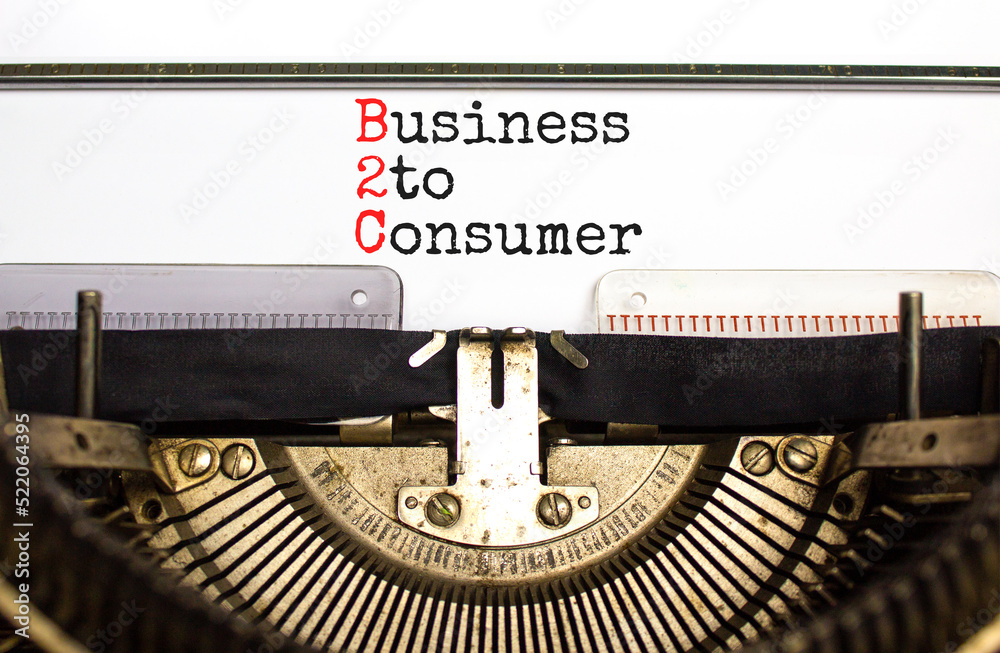 B2C business to consumer symbol. Concept words B2C business to consumer typed on the old retro typewriter on a beautiful white background. Business B2C business to consumer concept. Copy space.