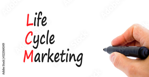 LCM lifecycle marketing symbol. Concept words LCM lifecycle marketing on a beautiful white background. Businessman hand. Business LCM lifecycle marketing concept. Copy space. photo