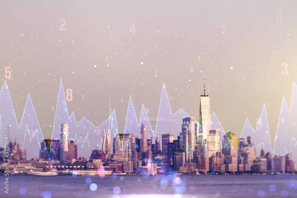 Obraz premium Multi exposure of creative statistics data hologram on New York city skyscrapers background, stats and analytics concept