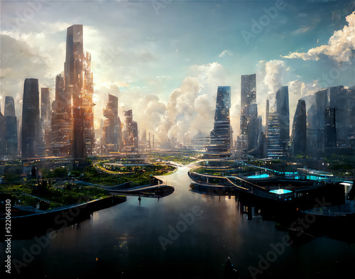 A futuristic city or city of the future from science fiction at sunset with the skyscrapers lighten by golden hour in the middle of a cloudy blue sky, near a river.