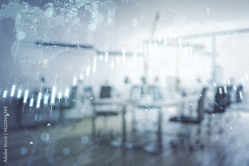 Double exposure of abstract creative financial chart hologram and world map on modern corporate office background, research and strategy concept Double exposure of abstract creative financial chart hologram and world map on modern corporate office background, research and strategy concept