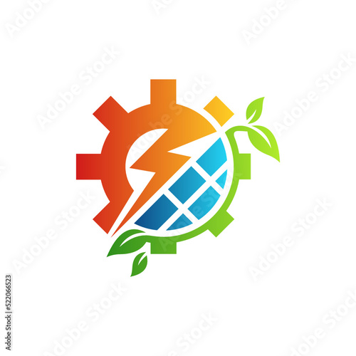 Solar energy with cog logo design. Sun and solar panel abstract symbol. Simple and modern sun vector illustration. Solar business or company logo design.