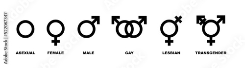 Gender and sexuality orientation icons - Vector set of woman, man, male, female, gay, lesbian, transgender symbols logos