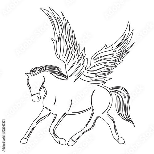 pegasus with wings outline sketch on white background isolated, vector