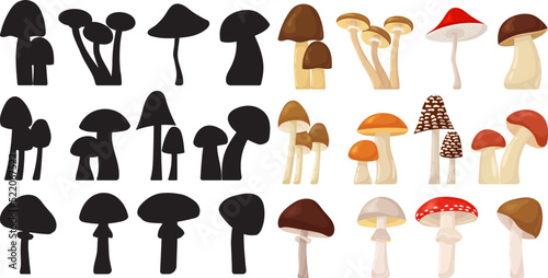 silhouette mushrooms set on white background isolated, vector