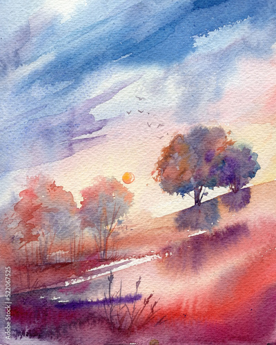 Sunset, lush purple clouds, blue sky, beautiful romantic watercolor landscape illustration