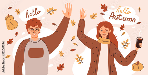 Hello autumn poster. A girl and a guy in autumn foliage greet autumn and drink coffee. Flat vector illustration