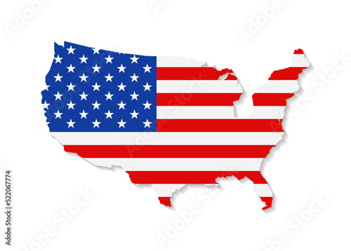 Usa flag on map. United states of america. Icon of country in color of national flag. Graphic territory with stripes and stars. North american background for 4th july with shadow. Vector
