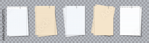 Note pad. Paper sheets for memo. Different notebook with clip. Notepaper with lines and grid. Papers of notepad for note, notice and text. Realistic cards isolated on transparent background. Vector photo