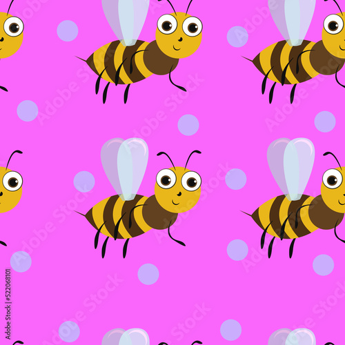 seamless pattern illustration of a bee on a lilac background. Design element for printing on children's clothes, dishes, napkins, for a holiday, wrapping paper. © Kseniia