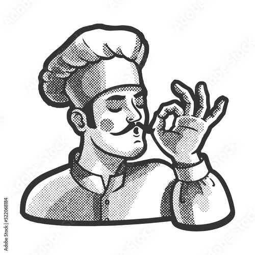 bellissimo gesture chef cook sketch halftone pattern vector illustration. Scratch board imitation. Black and white hand drawn image.