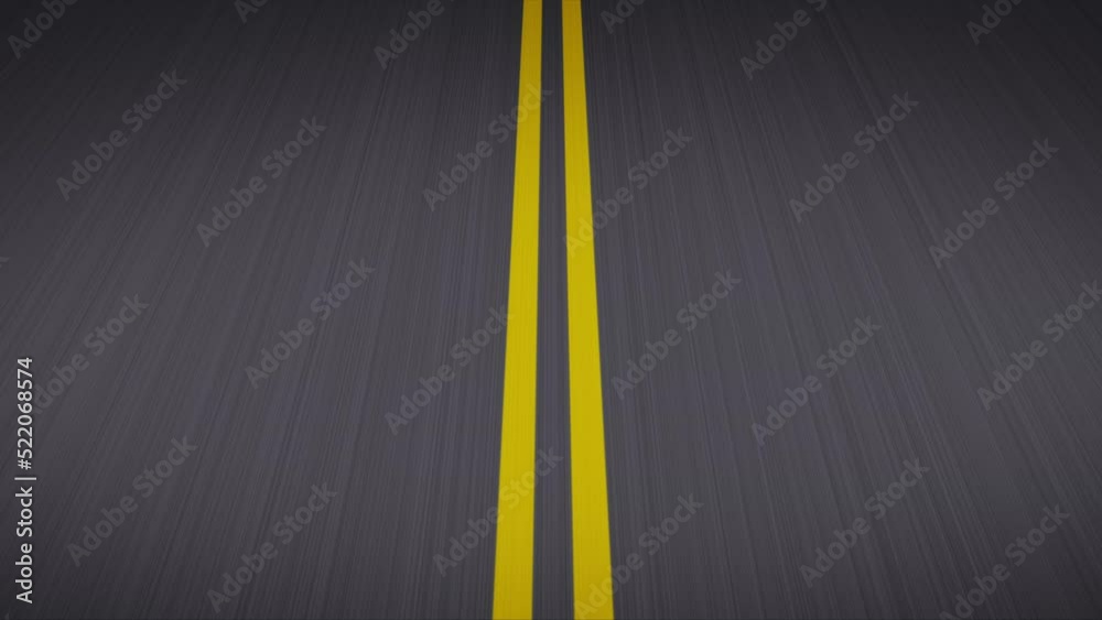 Fast driving on the night road - computer generated loopable animation. Double continuous solid yellow lines in the center of the road. Seamless looping animation.
