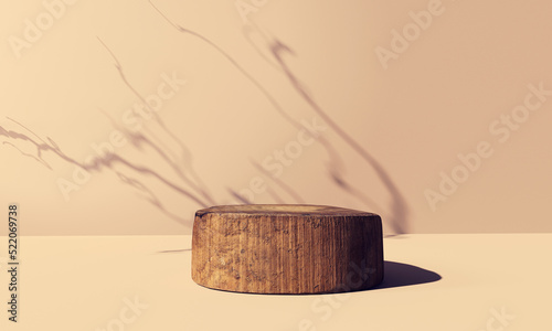 Wooden podium with shadow of tree branch - 3D render