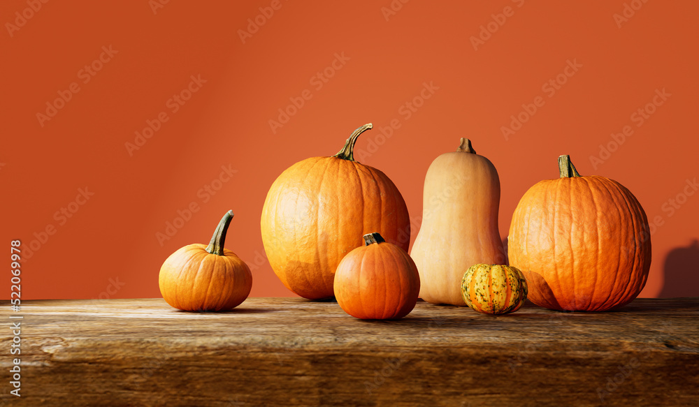 Autumn pumpkins - Harvest and Thanksgiving theme - 3d render - obrazy, fototapety, plakaty 