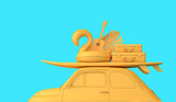 Yellow vintage retro car with a surfboard and holiday suitcase on the roof. Road trip vacation background. 3D Rendering
