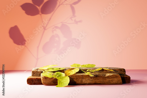 Autumn leaves with wooden planks - 3D render