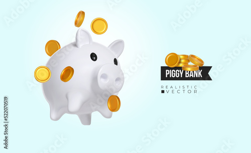 Realistic white piggy bank with money creative business concept. White pig keeps gold coins. Keep and accumulate cash savings. Financial services. Safe finance investment. Design vector illustration.