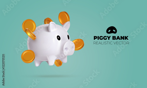 Realistic Piggy bank with money creative business concept. White pig keeps gold coins. Keep and accumulate cash savings. Financial services. Safe finance investment. 3D design vector illustration.
