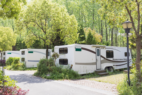 Summer journey to campground in forest. Leisure and relaxation with family or friends during weekends or holidays