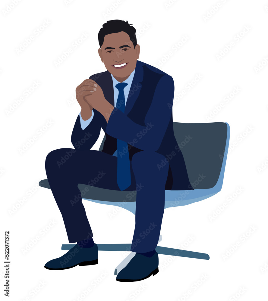 Business man sitting on chair. Handsome male cartoon character in blue