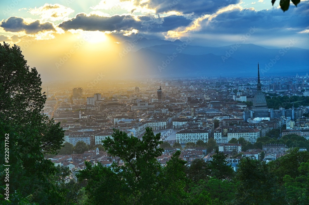 Panoramic scenic view of city downtown from the hill at sunset Turin Italy