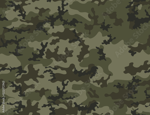  Army camouflage green background forest texture disguise, vector seamless pattern on textile. Military uniform.