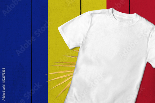 Patriotic t-shirt mock up on background in colors of national flag. Chad