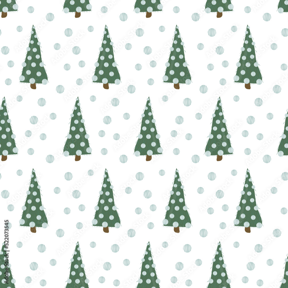 Seamless pattern with cute abstract christmas trees with balls Stylized hand drawn design Vector illustration in flat cartoon style for wrapping paper, textile, fabric and packaging decoration 